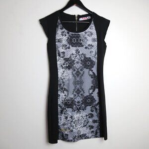 Desigual Slim Short Black White Stretch Boho Batik Mandala Zip Dress Size Small